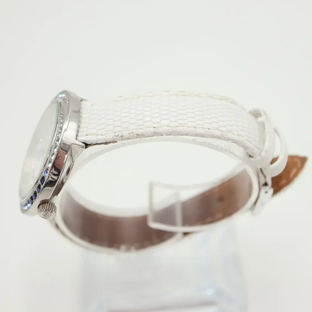 Tommy Bahama Silver Tone Blue Gem Set 35mm MOP Womens Watch Leather New Battery